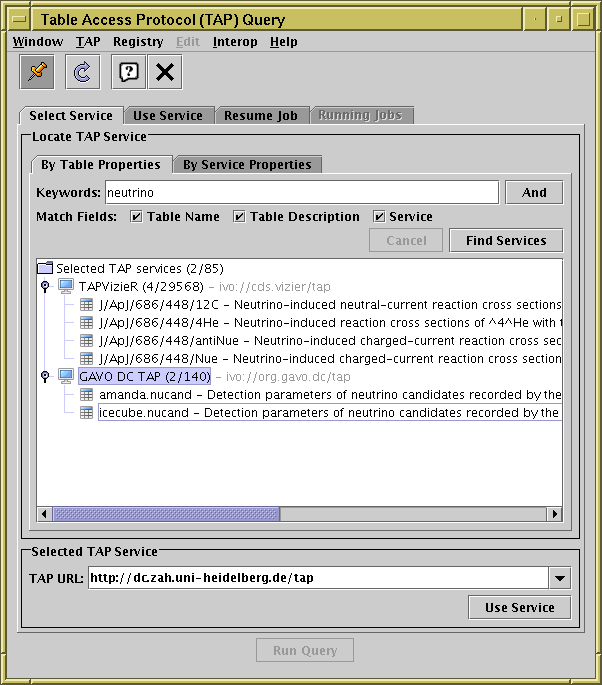 TAP window with Select Service tab visible